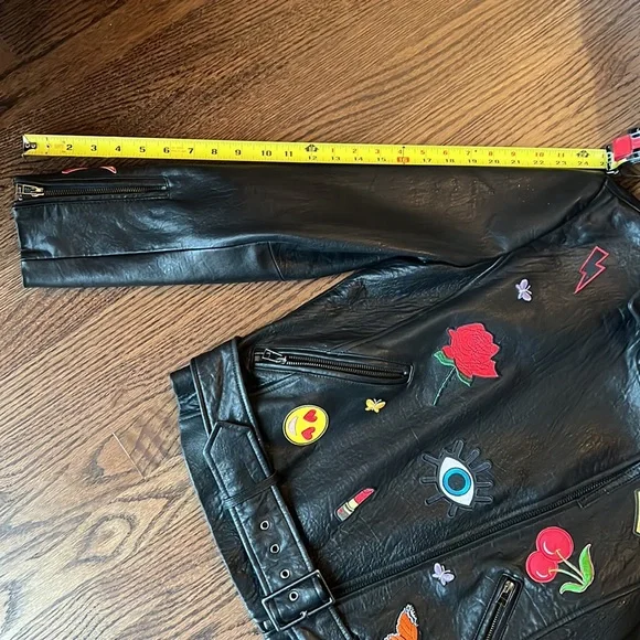 Glee Aqua Black leather emoji motor jacket Sz L - Picture 6 of 8